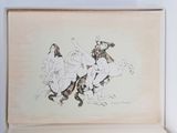 drawing of a group of naked men riding horses in a room