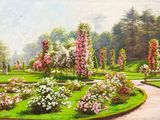 un tableau représentant un jardin avec des fleurs