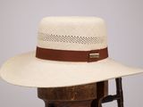 Ce chapeau est en paille et comporte un ruban en cuir