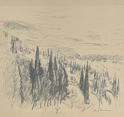 dessin au crayon représentant un paysage avec des arbres et une rivière