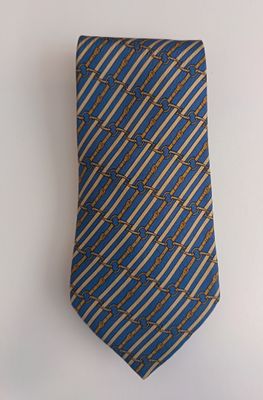 blue and gold striped necktie with chain links on it