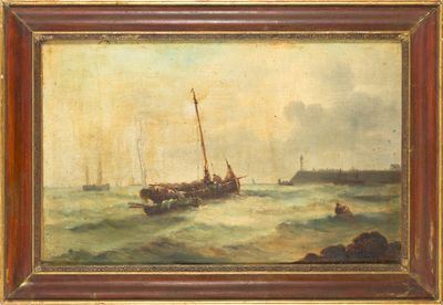 une peinture à l'huile représentant un bateau sur un plan d'eau, avec un phare en arrière-plan