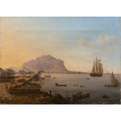 une peinture à l'huile représentant une scène de port avec des bateaux sur l'eau et une montagne au loin