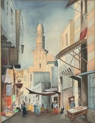 a painting of a street scene with a clock tower in the background