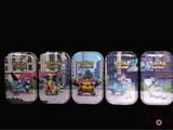 several tins of pokemon are lined up on a black background