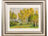 a painting of trees in a field with yellow leaves