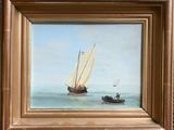 an oil painting of a sailboat in the water with two other boats in the background