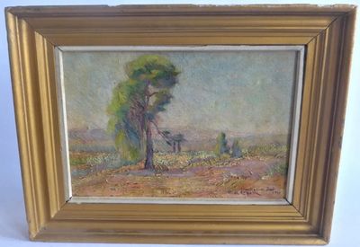 une image d'une peinture représentant un arbre dans un champ