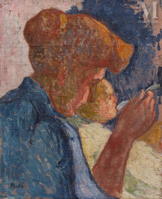 painting of a woman holding a baby and looking at a cell phone