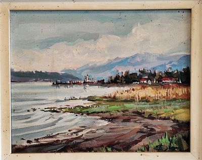 un tableau représentant un lac avec des montagnes au loin