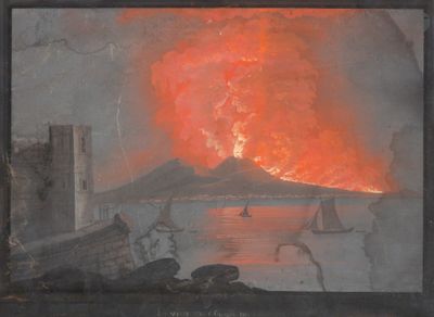 une image représentant une peinture d'un volcan en éruption dans le ciel