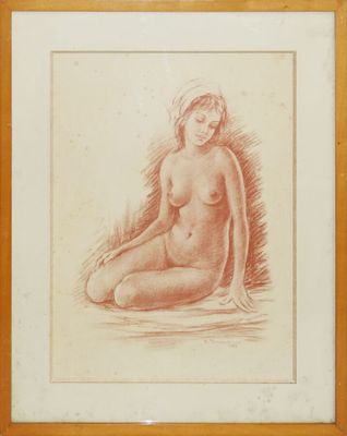 dessin représentant une femme nue assise par terre, dans un cadre en bois