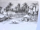 une photo en noir et blanc représentant une scène de plage avec des palmiers