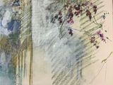 drawing of a painting of a garden with flowers and vines