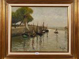 an oil painting of boats on a river with trees in the background