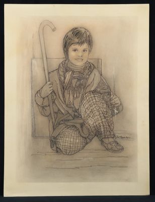 dessin au crayon représentant un jeune garçon assis sur un banc, une canne à la main