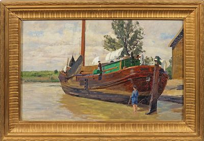 a painting of a boat that is sitting on the water