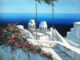 an oil painting of a stairway leading to a white building with a blue dome