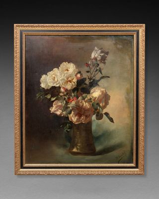 painting of a vase of flowers on a table with a black background