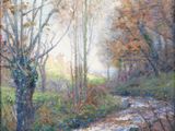 an oil painting of a stream running through a forest filled with trees