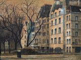 a painting of a building with a clock on the top of it