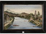 painting of a river scene with boats and buildings in the background