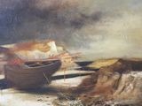 a painting of a boat on a beach near the water