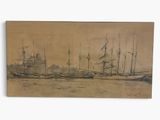 painting of three ships in a body of water with a sky in the background