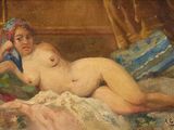 painting of a nude woman laying on a bed with a towel on her head