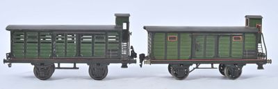 deux petits trains miniatures posés côte à côte sur une surface blanche