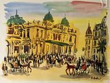une peinture représentant une calèche devant un grand bâtiment