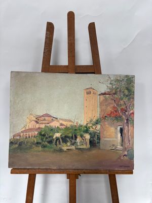 une peinture à l'huile représentant un bâtiment avec une tour horloge en arrière-plan