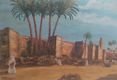 un tableau représentant un paysage désertique avec des palmiers au premier plan