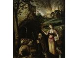 un tableau représentant un homme et une femme dans un paysage peuplé d'animaux