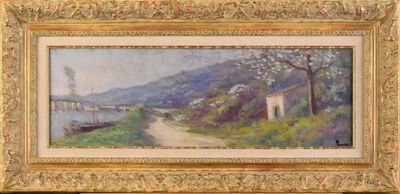 l'image d'une peinture représentant une rivière avec un pont en arrière-plan