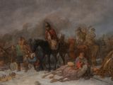 un tableau représentant un homme à cheval dans la neige
