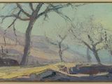 an image of a painting of a landscape with trees in the foreground