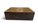an old wooden box with a lid on a white background
