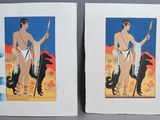 deux tableaux représentant un homme et une femme accompagnés d'un chien sur une plage