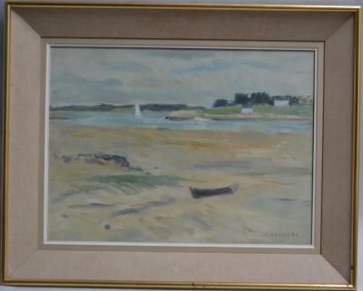a picture of a painting of a boat on the beach