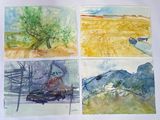 four watercolor paintings of a person sitting on a bench in the middle of a field