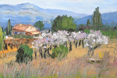 une peinture d'un paysage avec un banc au premier plan