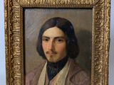 a painting of a man in a brown jacket and white scarf