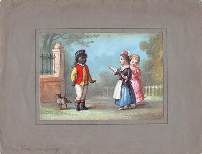 un tableau représentant un garçon et une fille en train de parler à un chat