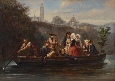 painting of a group of people in a boat on a river
