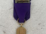 purple ribbon with a gold medal on a white background
