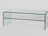 the glass coffee table has a clear glass top and legs