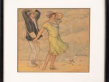 an image of a painting of two people walking on a beach