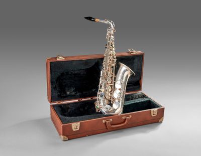 une image représentant un saxophone dans son étui, sur fond gris