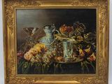 tableau représentant une nature morte composée de fruits et d'un vase posés sur une table
